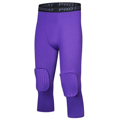 AGJGFM Mens 3/4 Goalkeeper Leggings Padded Soccer Goalie Pants Basketball Compression Capri Pants Tights Purple