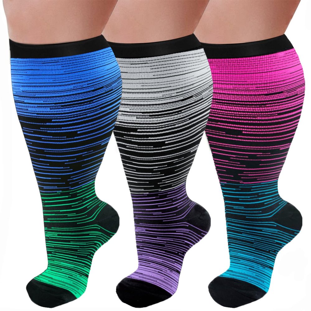 3 Pairs Plus Size Wide Calf 20-30 mmHg Knee High Compression Socks