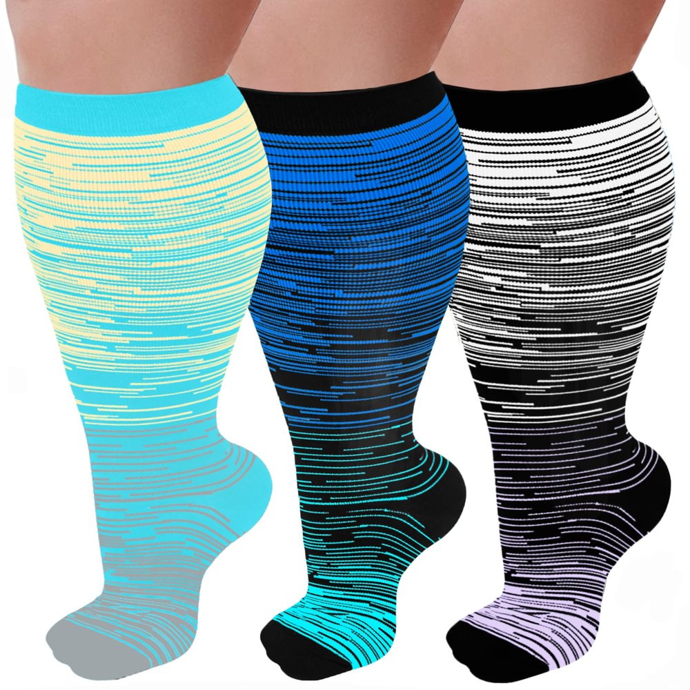 3 Pairs Plus Size Wide Calf 20-30 mmHg Knee High Compression Socks