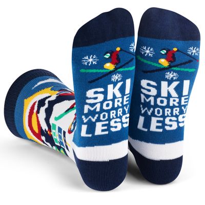 Lavley Ski More Worry Less Socks - Funny Outdoor Socks for Men and Women Who Love Skiing - Gift for Snowboarders and Winter Sports Fans - One Size Fits Most