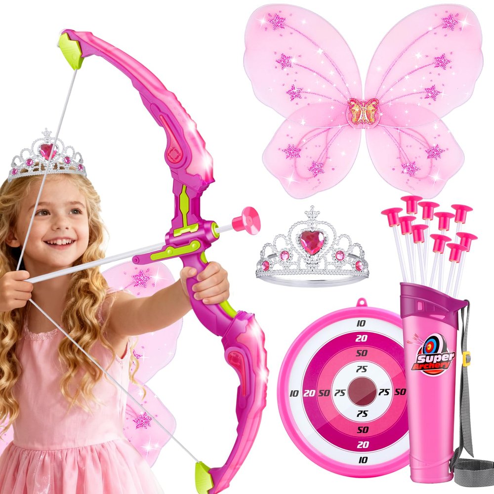 OWNONE 1 Pink Bow and Arrow Set for Girls, LED Light Up Archery Set with 10 Suction Cup Arrows, Target, Fairy Wings & Princess Crown, Birthday Gift Outdoor Toys for Kids Girls Ages 3-12