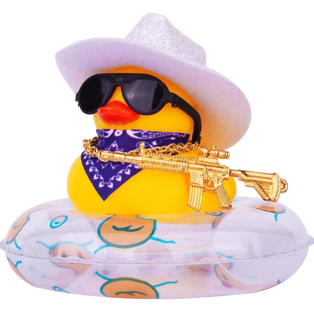 MuMyer Rubber Duck for Car Dashboard, Cowboy Duck Car Dashboard Decoration Car Duck Ornament Accessories with Mini Swim Ring Glitter Cowboy Hat Scarf Necklace and Sunglasses(B-G4)