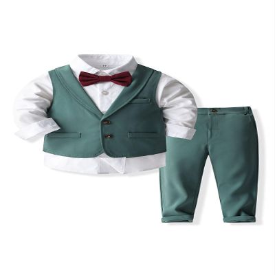 Abolai Baby Boys' 4 Piece Gentleman Suit Set with White Shirt,Bowtie,Lapel Vest and Pant Green 110