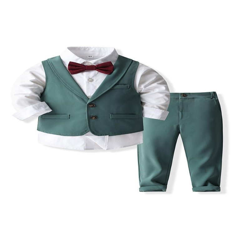 Abolai Baby Boys' 4 Piece Gentleman Suit Set with White Shirt,Bowtie,Lapel Vest and Pant Green 110