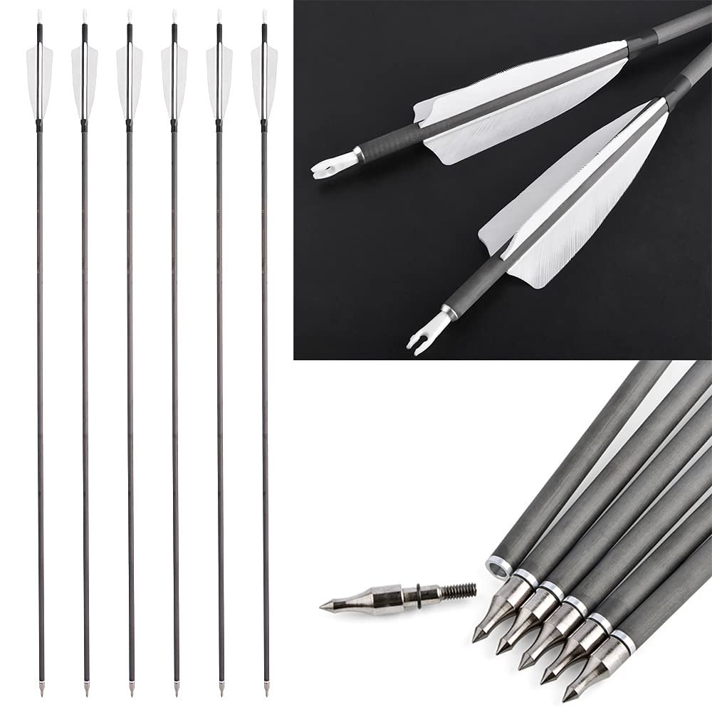 SHARROW 33 inch Carbon Arrow Hunting Arrows 400 Spine with 100 Grain Removable Tips for Archery Compound & Recurve & Traditional Bow Hunting Practice Shooting 6/12pcs (12pcs, White)