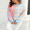 chouyatou Women's Casual Crew Neck Color Block Striped Patchwork Knitted Pullover Sweater Tops (Large, Blue Pink) view 2