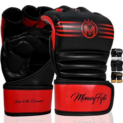 MoneyFyte Crown MMA Gloves for Men & Women Martial Arts Punching Bag Gloves, UFC Grappling Fighting & Kickboxing Gloves Pre-Curved Half Finger Boxing Sparring Glove (Red, S)