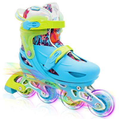 Besketo Blue Graffiti Light up Inline Skates for Girls Boys, 4 Size Adjustable Roller Shoes with Full Illuminating Wheels for Kids, Blades Roller Skates for Beginner Teens & Adult Youth - S J9-J12 US