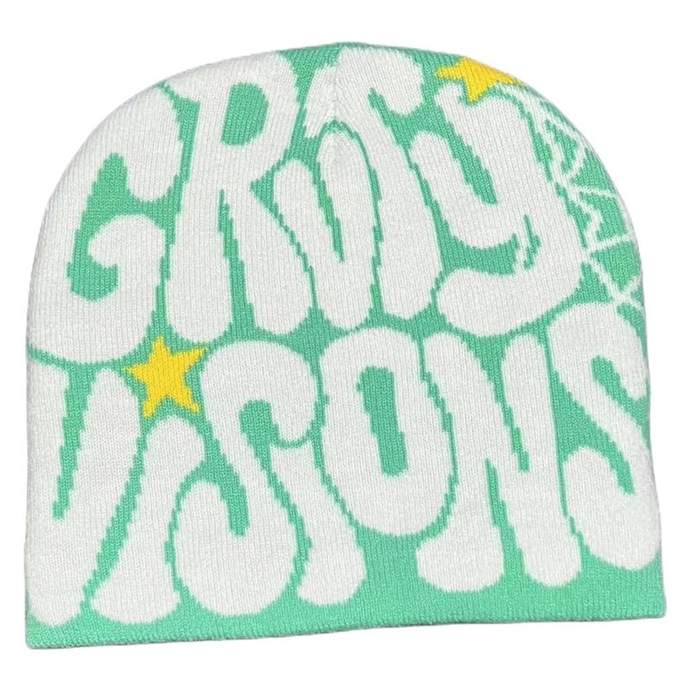 yolrdiw Women Beanie Y2k Letter Graphic Soft Warm Knitted Hats Men Winter Cap Green/White