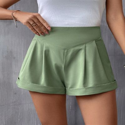 AKIOLOAS Women's Shorts High Waist Plicated Detail Roll Up Hem Straight Leg Shorts Women's Shorts Shorts for Women (Color : Mint Green, Size : Medium)