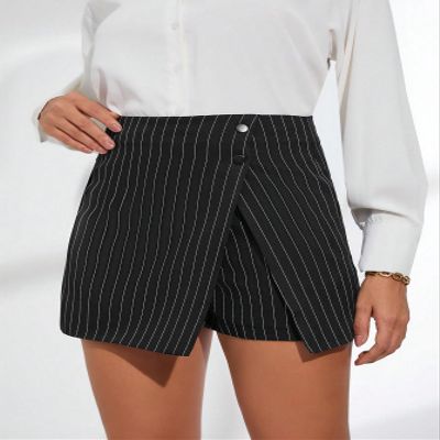 AKIOLOAS Women's Shorts Striped Print Wrap Front Skort Women's Shorts Shorts for Women (Color : Navy Blue, Size : Small)