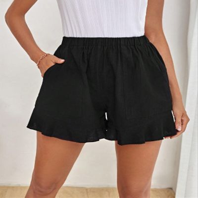 AKIOLOAS Women's Shorts Solid Ruffle Hem Shorts Women's Shorts Shorts for Women (Color : Black, Size : Small)