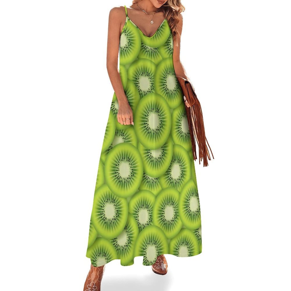 Kiwifruit Women's Dress Sleeveless Spaghetti Strap Maxi Long Dress Casual Beach Sun Dresses M