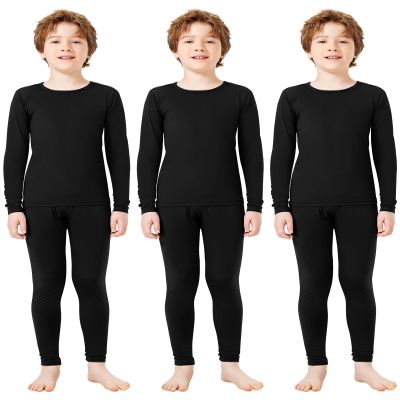 Silkfly Boys Thermal Underwear Set Base Layer Fleece Lined Underwear for Kids Shirt and Pants for Boys Winter(XL,Black,3 Set)