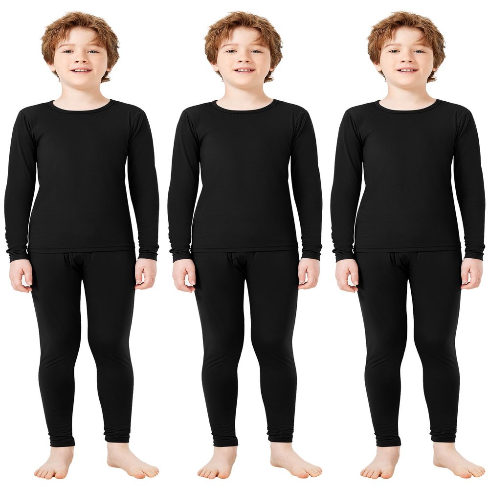 Silkfly Boys Thermal Underwear Set Base Layer Fleece Lined Underwear for Kids Shirt and Pants for Boys Winter(XL,Black,3 Set)