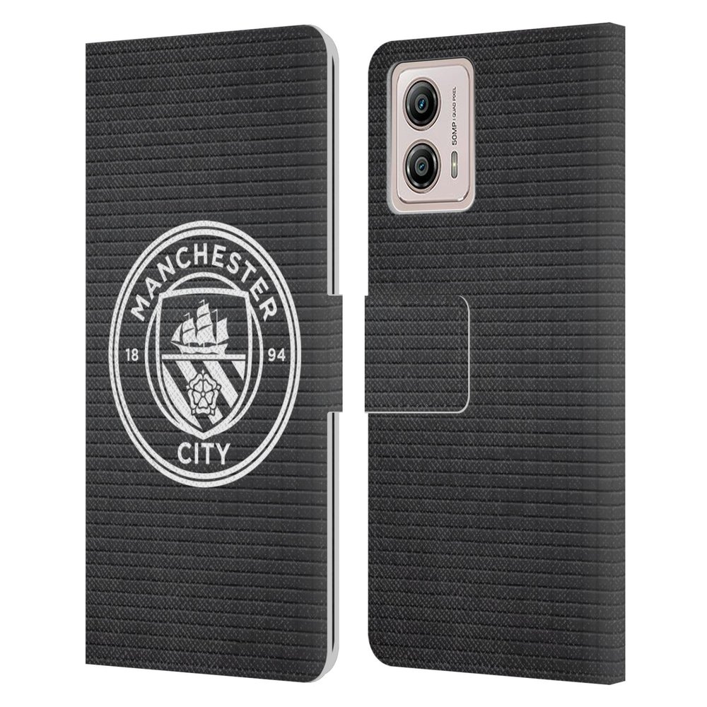 Head Case Designs Officially Licensed Manchester City Man City FC Black Tile White Mono Badge Pixels Leather Book Wallet Case Cover Compatible with Motorola Moto G53 5G