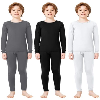 Silkfly Boys Thermal Underwear Set Base Layer Fleece Lined Underwear for Kids Shirt and Pants for Boys Winter(Xs,Gray, White, Black,3 Set)