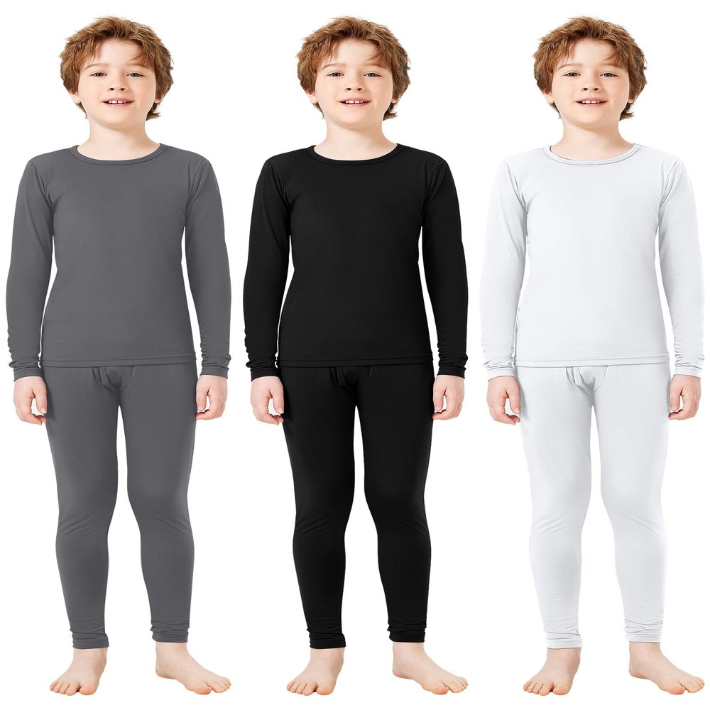 Silkfly Boys Thermal Underwear Set Base Layer Fleece Lined Underwear for Kids Shirt and Pants for Boys Winter(Xs,Gray, White, Black,3 Set)