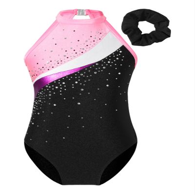 ranrann Kids Girls Shiny Ballet Dance Outfits Sleeveless Gymnastic Leotard with Shorts and Hair Band Tracksuit Unitards Pink 14 Years
