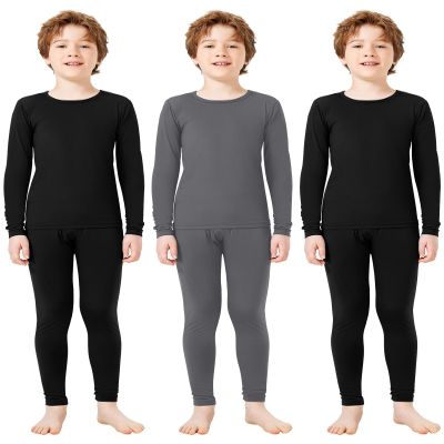 Silkfly Boys Thermal Underwear Set Base Layer Fleece Lined Underwear for Kids Shirt and Pants for Boys Winter(XL,Gray, Black, Black,3 Set)