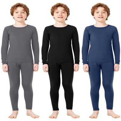 Silkfly Boys Thermal Underwear Set Base Layer Fleece Lined Underwear for Kids Shirt and Pants for Boys Winter(M,Gray, Dark Blue, Black,3 Set)