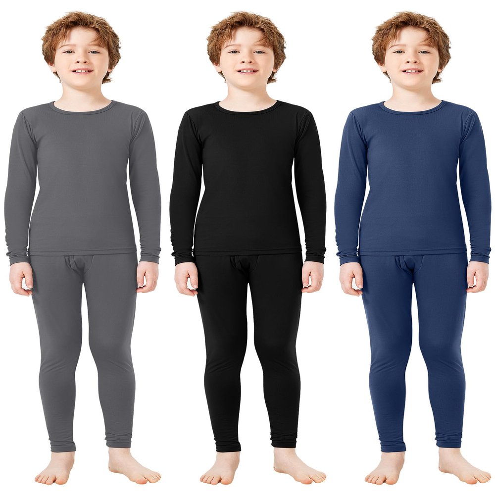 Silkfly Boys Thermal Underwear Set Base Layer Fleece Lined Underwear for Kids Shirt and Pants for Boys Winter(M,Gray, Dark Blue, Black,3 Set)