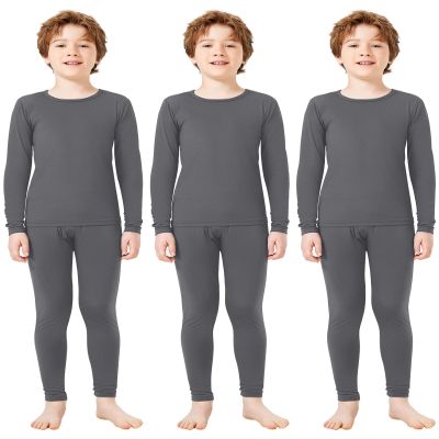 Silkfly Boys Thermal Underwear Set Base Layer Fleece Lined Underwear for Kids Shirt and Pants for Boys Winter(S,Gray,3 Set)