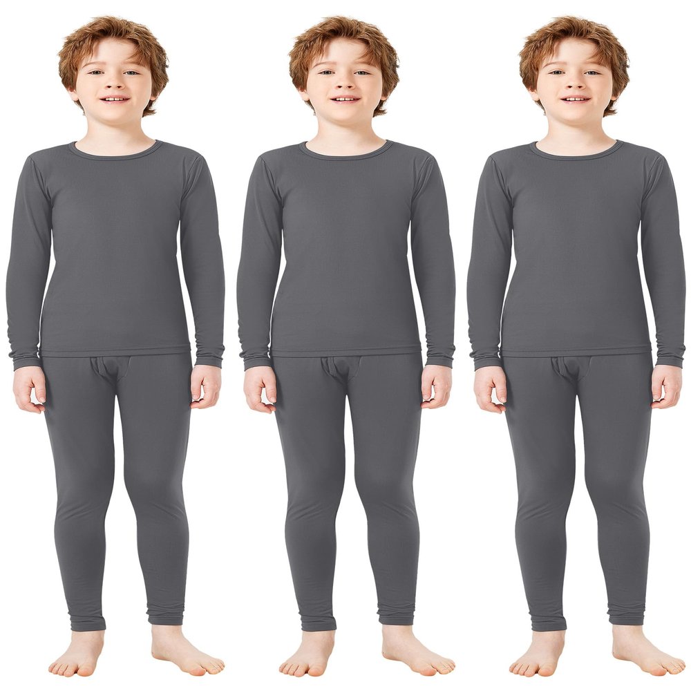 Silkfly Boys Thermal Underwear Set Base Layer Fleece Lined Underwear for Kids Shirt and Pants for Boys Winter(S,Gray,3 Set)