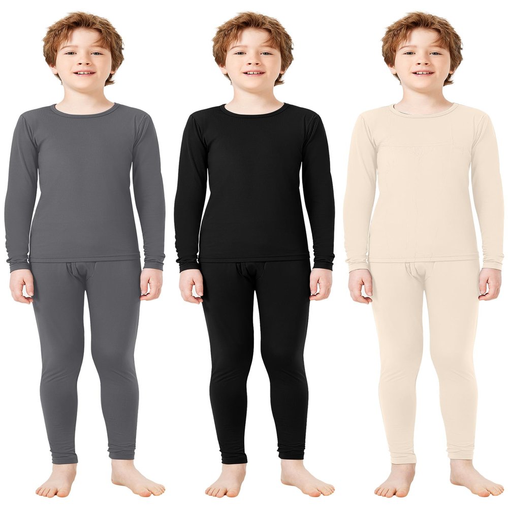 Silkfly Boys Thermal Underwear Set Base Layer Fleece Lined Underwear for Kids Shirt and Pants for Boys Winter(M,Black, Gray, Nude,3 Set)