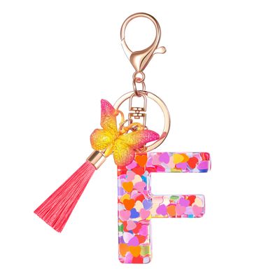 Suweibuke Colourful Cute Initial Letter Keychains for Women Girls with Tassel Butterfly, Charm for Purse Backpacks Handbags Schoolbags (Colorful Pink-F)