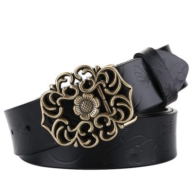 IWFTC 1.3" Wide Belts for Women Leather Western Black Plus Size Ladies Vintage Retro Waist Belt Womens's Fashion Belt with Gold Buckle for Dresses Jeans Pants (Black, 150cm)