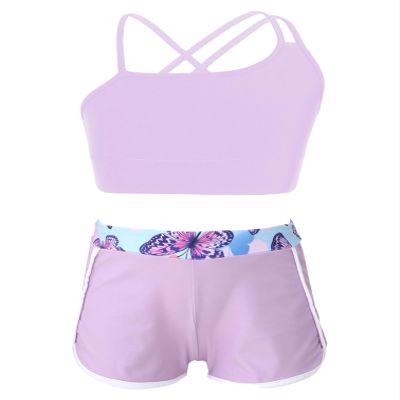 Fldy Kids Girls Dance Crop Top and Shorts Set 2 Piece Sports Workout Outfits Gymnastics Ballet Dance Outfits Tracksuit Lavender B 8 Years