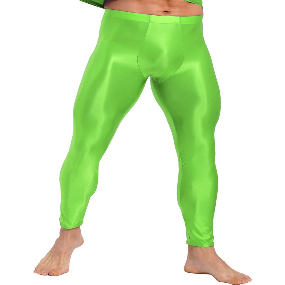 dPois Men's Shiny Glossy Leggings Bulge Pouch Thong Base Layer Compression Pant Workout Tights Trousers Fluorescent Green XX-Large