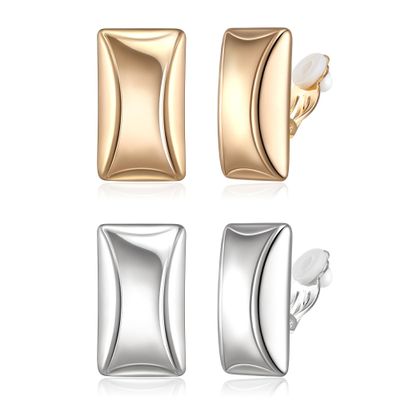 BriLove Matte Gold Silver 2 Pairs Clip-on Earrings Set Fashion Rectangle Cube Retro Drop Clip for Women Mom Gift