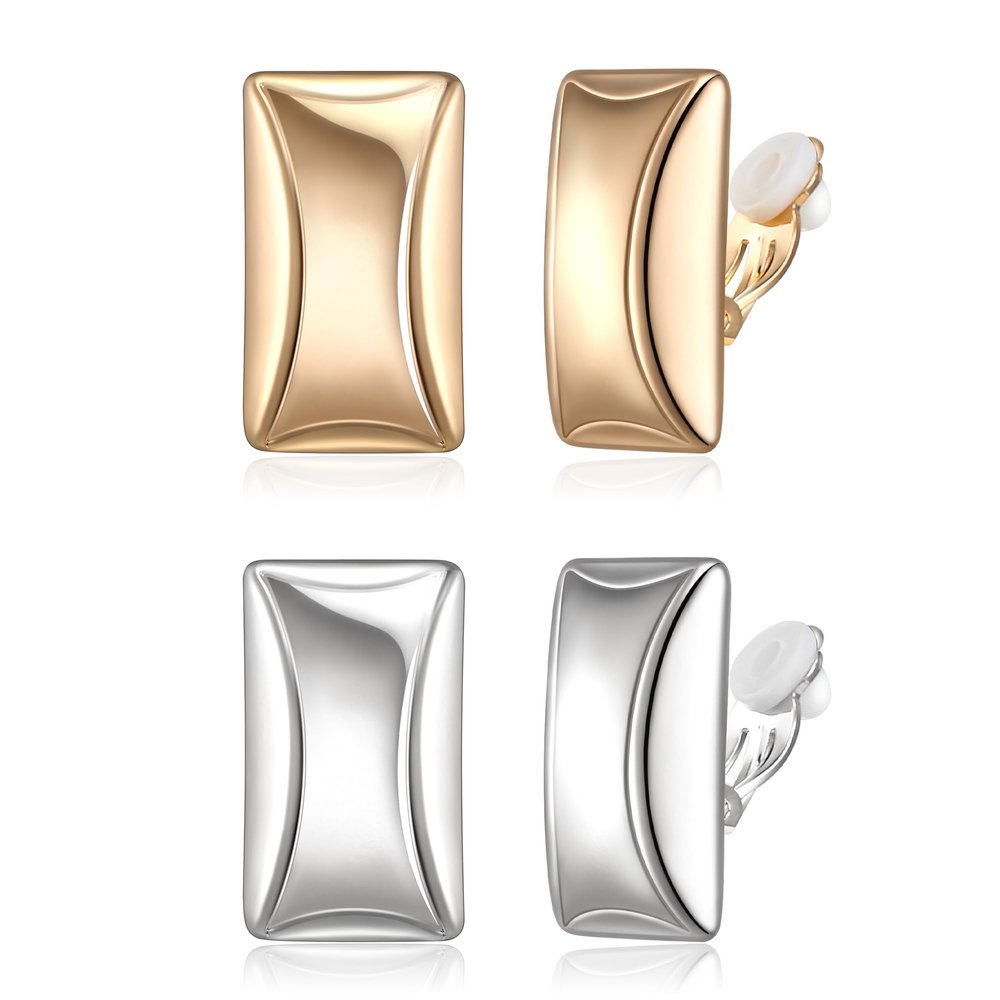 BriLove Matte Gold Silver 2 Pairs Clip-on Earrings Set Fashion Rectangle Cube Retro Drop Clip for Women Mom Gift