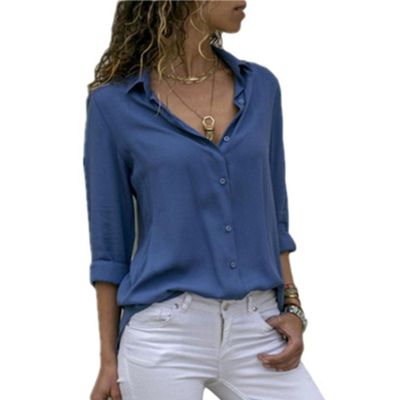 Womens Solid Color Stylish Chiffon Shirts Long Sleeve Button Down Blouse Tops Elegant Casual Comfy Shirt Workwear (Blue,XX-Large)