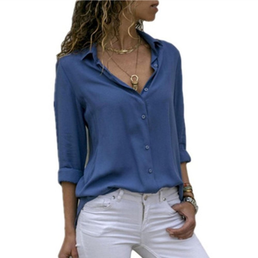Womens Solid Color Stylish Chiffon Shirts Long Sleeve Button Down Blouse Tops Elegant Casual Comfy Shirt Workwear (Blue,XX-Large)
