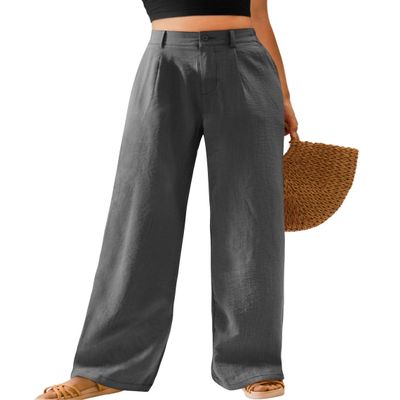 Feiersi Womens Casual Wide Leg Pants High Waisted Button Down Straight Long Trousers Palazzo Pants(Dark Grey,Large)