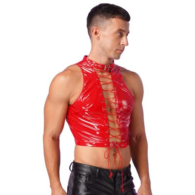Fldy Men's Metallic Shiny Hollow Out Lace-Up Gothic Vest Criss-cross Tie Front CropTank Top Clubwear Red X-Large
