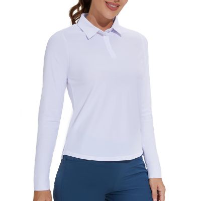 M MOTEEPI White Polo Shirt Women Golf Shirts Long Sleeve Athletic Quick Dry Lightweight SPF Tennis Outfits Tops Sun Protection L