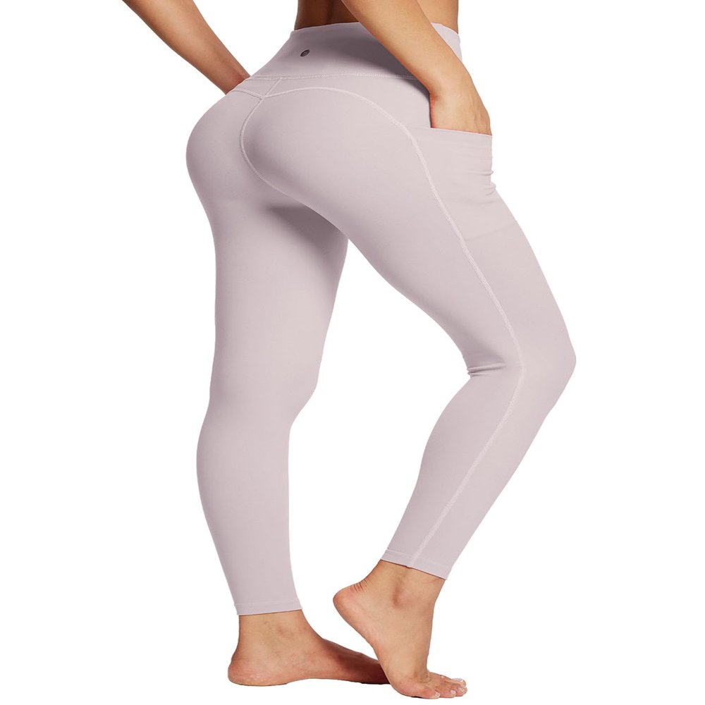 baleaf Workout Leggings for Women Tummy Control with Pockets High Waisted Athletic 7/8 Ultra Soft Gym Yoga Petite Ankle Pants Light Purple L