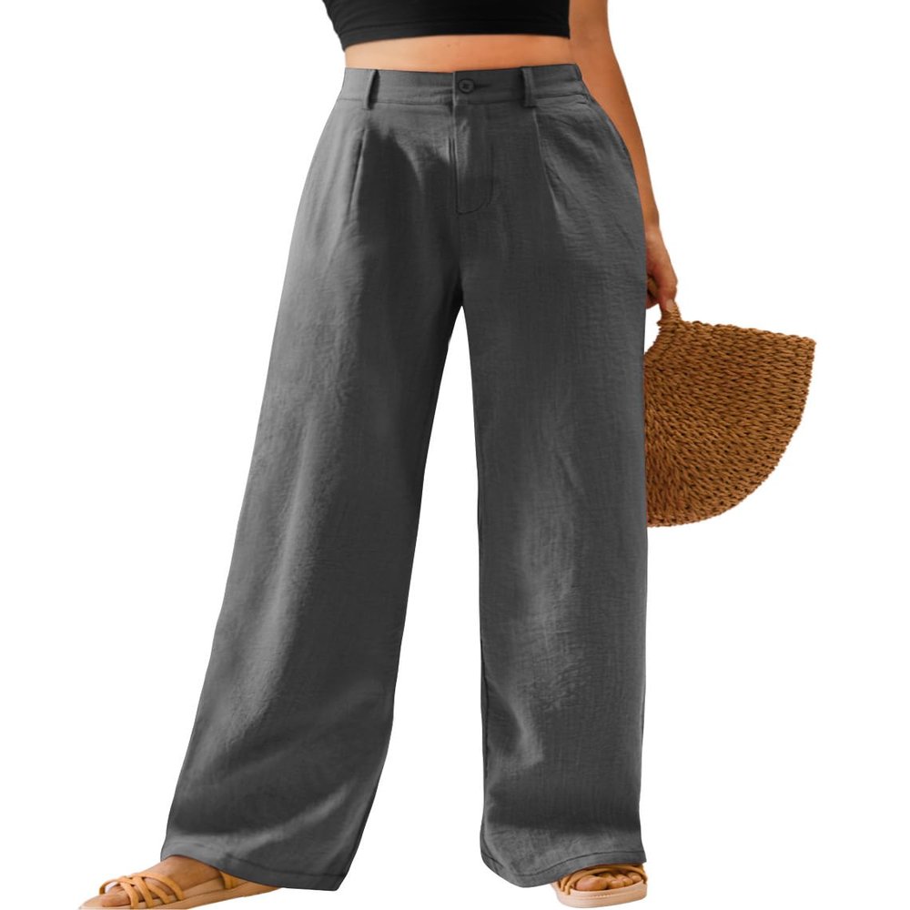 Feiersi Womens Casual Wide Leg Pants High Waisted Button Down Straight Long Trousers Palazzo Pants(Dark Grey,Small)