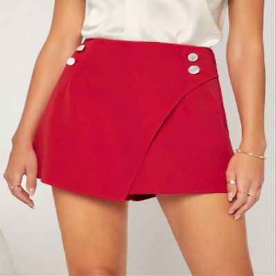 Women's Shorts High Waist Button Detail Wrap Front Skort LAIKIT (Color : Red, Size : Medium)