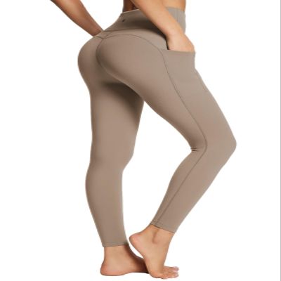 baleaf Leggings for Women Tummy Control with Pockets Deep Workout High Waisted Athletic 7/8 Gym Ultra Soft Petite Yoga Ankle Pants Light Brown XL