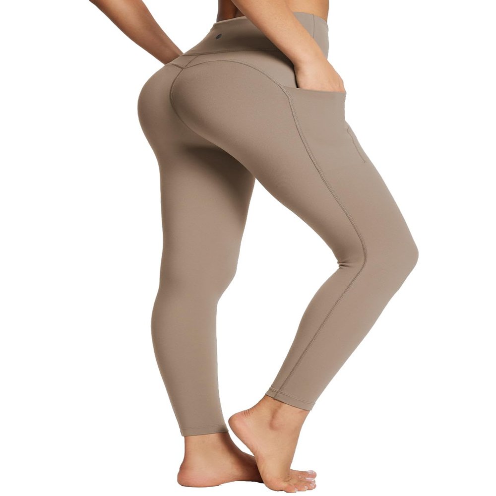 baleaf Leggings for Women Tummy Control with Pockets Deep Workout High Waisted Athletic 7/8 Gym Ultra Soft Petite Yoga Ankle Pants Light Brown XL
