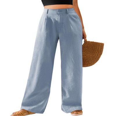 Feiersi Womens Casual Wide Leg Pants High Waisted Button Down Straight Long Trousers Palazzo Pants(Light Blue,XX-Large)