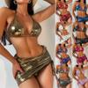 ZGMYC Women's 3 Piece Shiny Metallic Swimsuit Sexy Triangle Bikini Tie Side Thong Festival Outfit with Drawstring Mini Skirt view 4