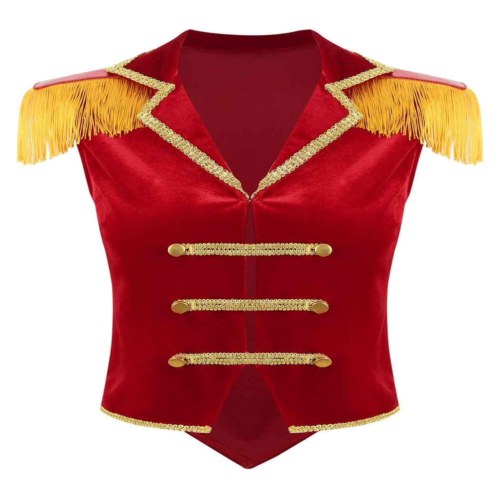 WinChang Women's Circus Ringmaster Jacket Tassel Coat Victorian Medieval Long Sleeves Christmas Tailcoat Xmas Party Costume Sleevless-01Red A XX-Large