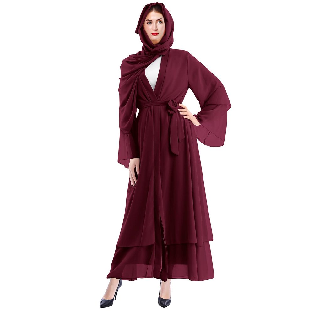 Hijab Dress for Women, Muslim Abaya Chiffon Cardigan Dudai Kaftan Dress with Hijab Headscarf East Arabian Casual Islamic Cover Up Long Modest Flowy Dresses Wine red+Hijab M