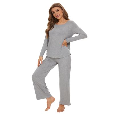 WiWi Women's Pajama Set Soft Long Sleeve Tee Pants Sleepwear Scoop Neck Nightwear with Pockets Pjs S-XXL, Heather Grey, XX-Large